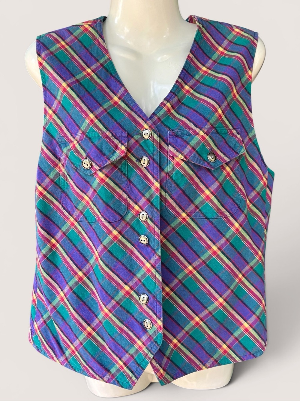 Vintage 90’s Madras Plaid Vest Boho Preppy Grunge Revival Button Down Size 8